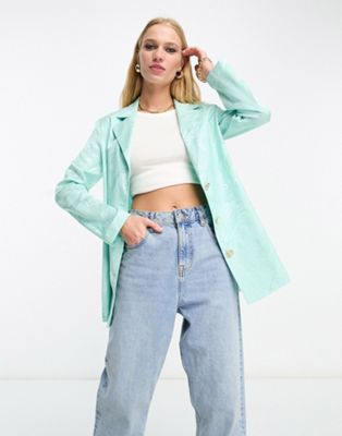 River Island co-ord soft jacquard tie waist blazer in turquoise