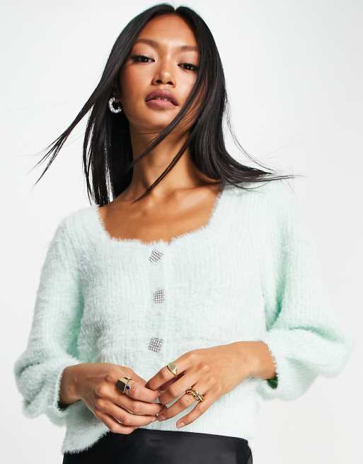 River Island co ord sweetheart button up fluffy jumper in green ASOS