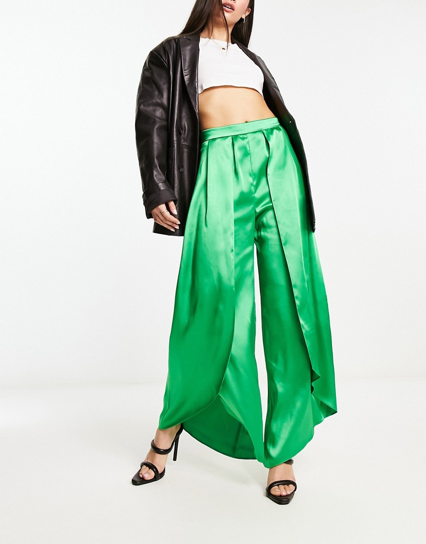 River Island co-ord wrap over wide leg satin trouser in bright green
