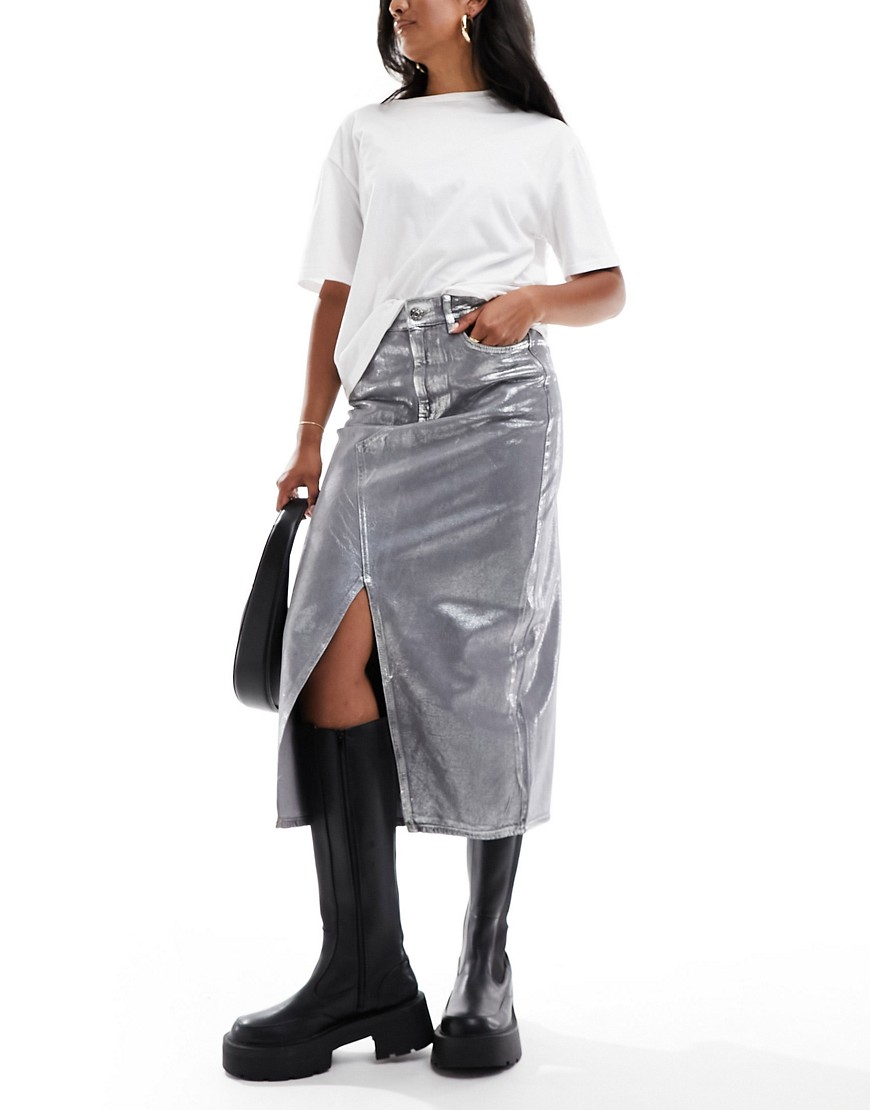 River Island coated denim midi skirt in silver-Grey