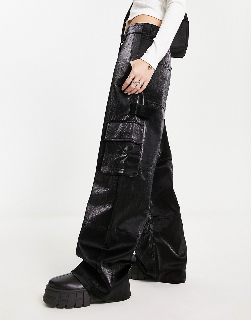 River Island coated utility trouser in black