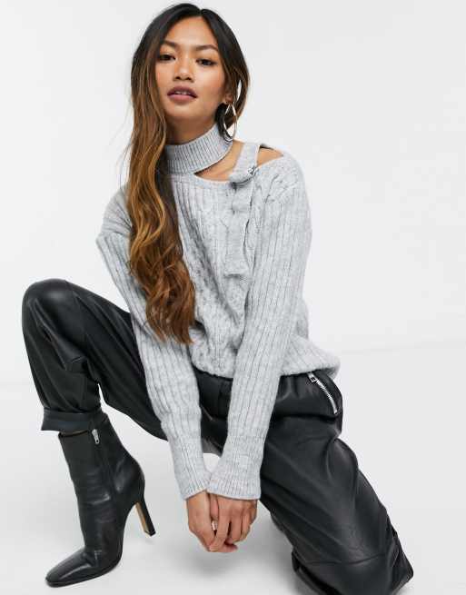 River Island cold shoulder cable knit jumper in grey | ASOS