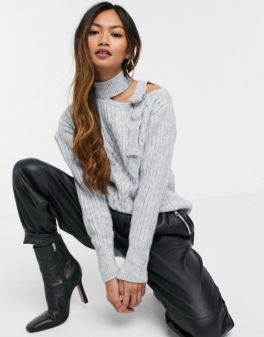River Island cold shoulder cable knit sweater in gray-Grey