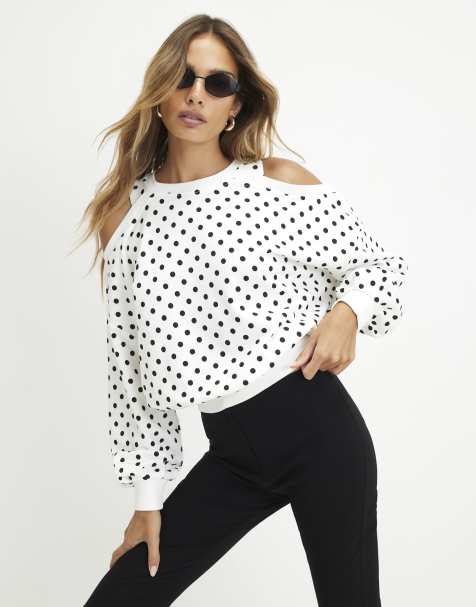 River Island Cold shoulder polka dot sweatshirt in cream - view 1