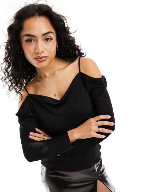 River Island cold shoulder satin top in black ASOS