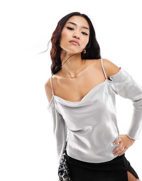 River Island cold shoulder satin top in silver - view 1