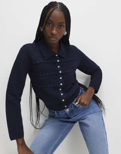 River Island Collared flower detail cardigan in navy - view 1