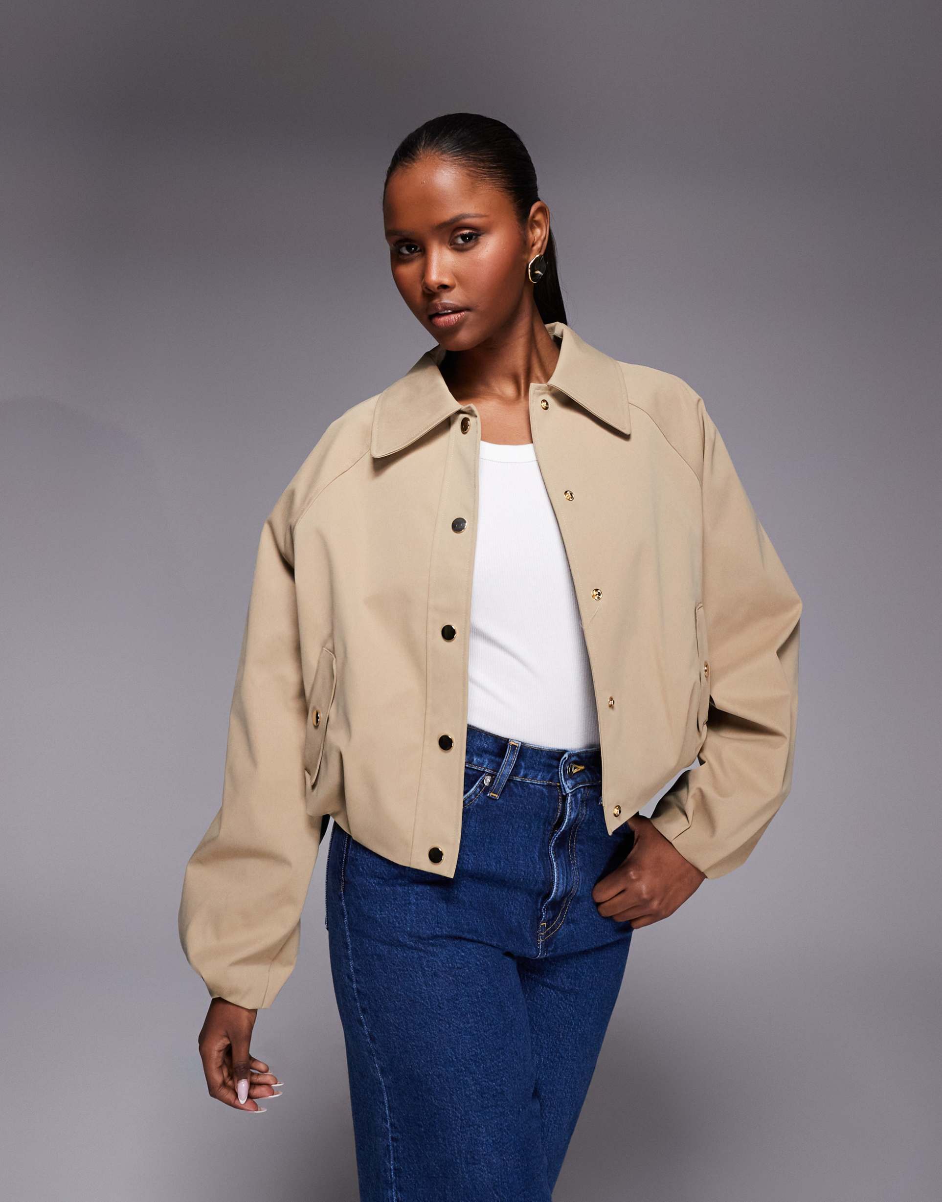 river island collared harrington jacket in beige