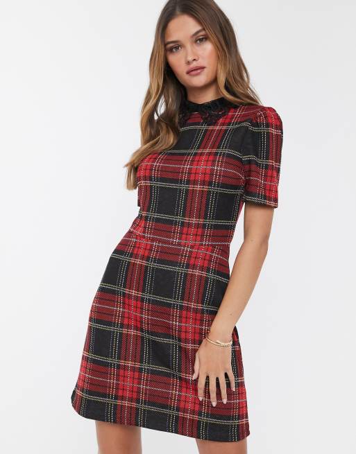 River Island collared tea dress in red tartan check | ASOS