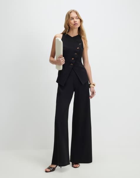 River Island Collarless asymmetric jumpsuit in black - view 1