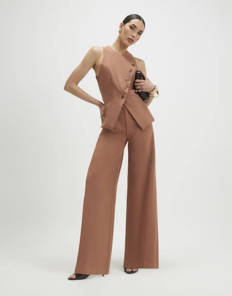 River Island Collarless asymmetric jumpsuit in brown - view 1