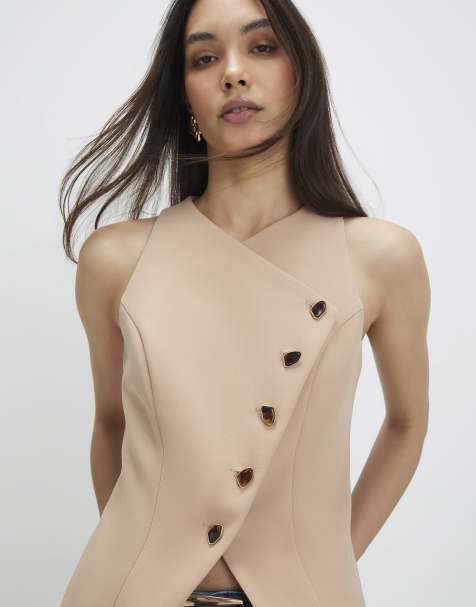 River Island Collarless asymmetric waistcoat in beige - view 1