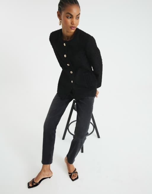 River Island Collarless boucle jacket in black ASOS