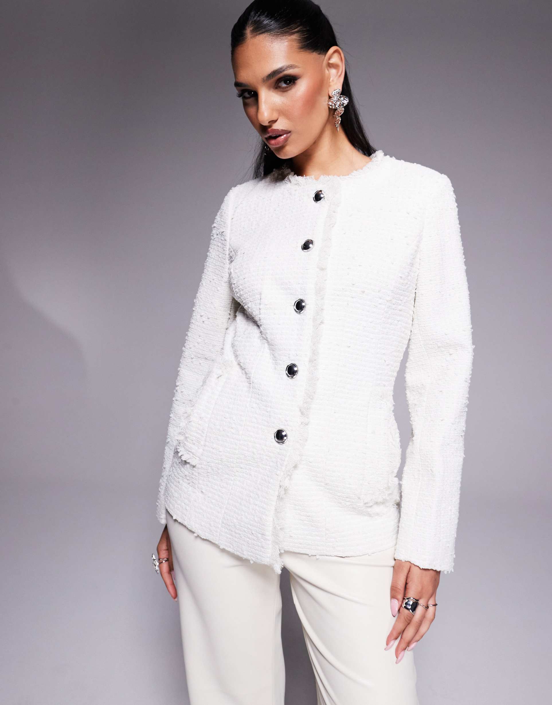 river island collarless boucle jacket in cream
