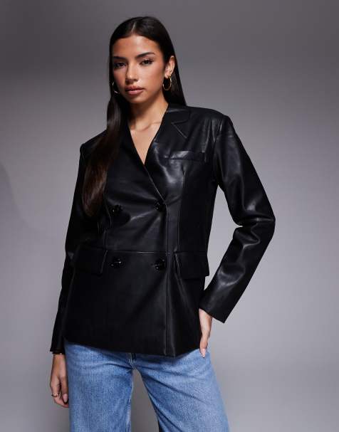 River Island collarless double breasted PU blazer in black