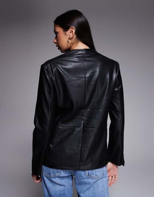 River Island collarless double breasted PU blazer in black, 3 of 4