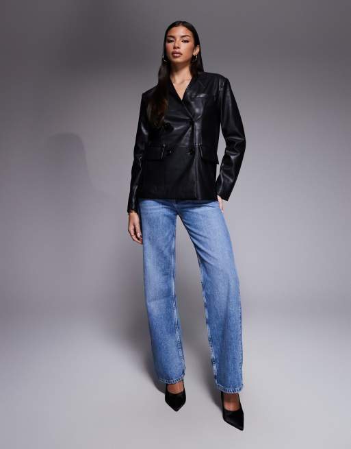 River Island collarless double breasted PU blazer in black, 4 of 4