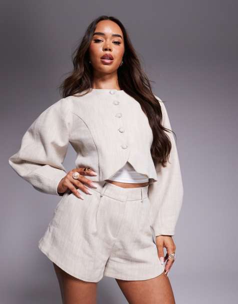 River Island collarless puff sleeve blazer in cream - view 1