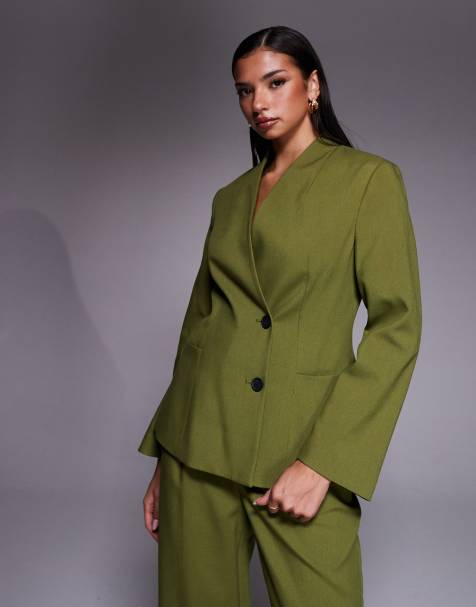 River Island collarless structured blazer in green - view 1