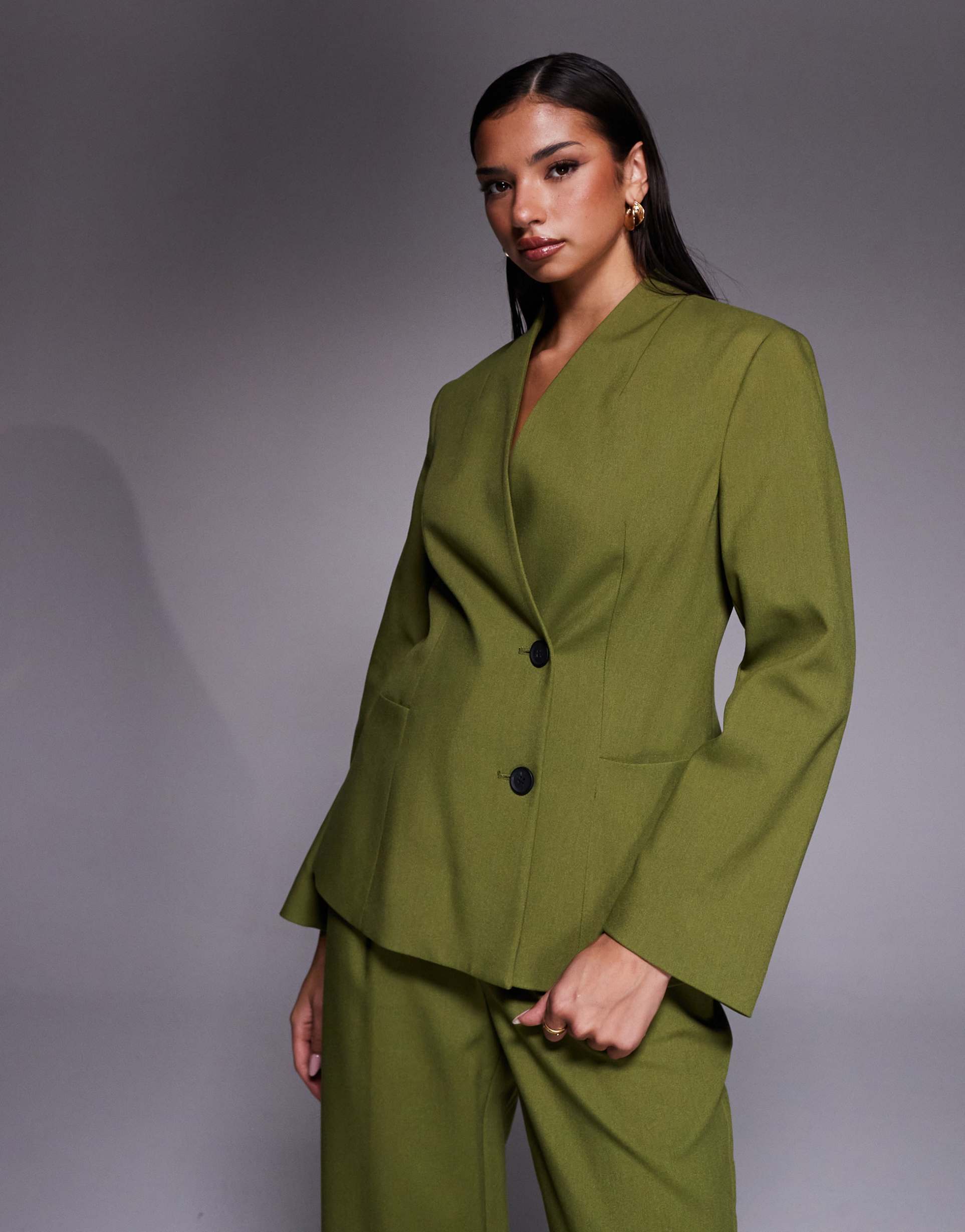 river island collarless structured blazer in green