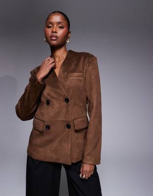 River Island Collarless Suedette Blazer In Brown