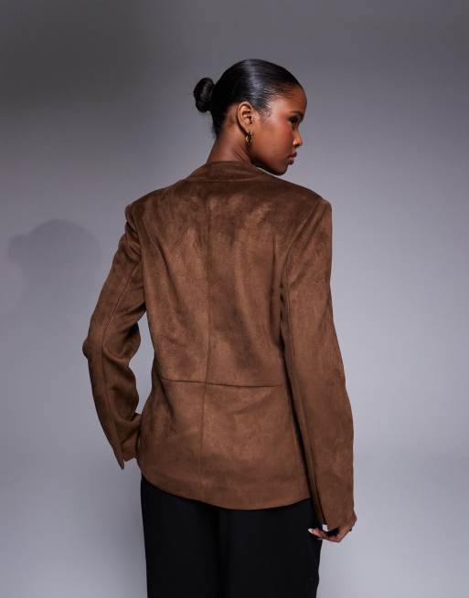 River Island collarless suedette blazer in brown, 3 of 4