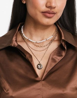 River Island multirow chain necklace with hammered pendant  - ASOS Price Checker