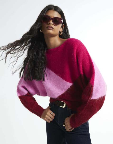 River Island Colour blocked batwing knit jumper in red - view 1