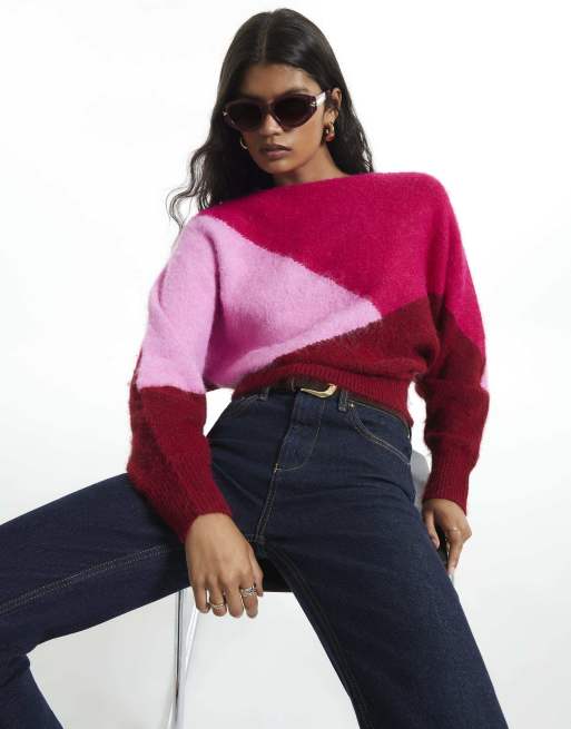 River Island Colour blocked batwing knit jumper in red, 2 of 4