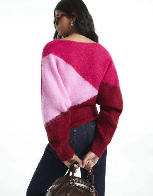 River Island Colour blocked batwing knit jumper in red, 4 of 4