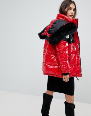 red shiny puffer coat with fur hood