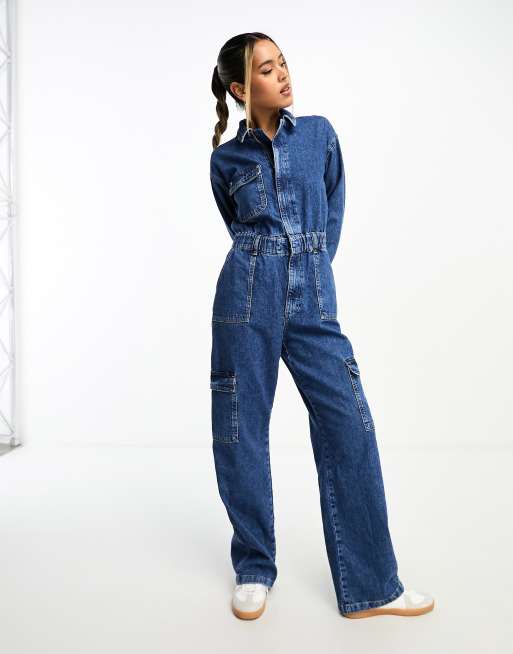 River Island Combinaison style bleu de travail en jean manches longues et poches cargo Jean fonc