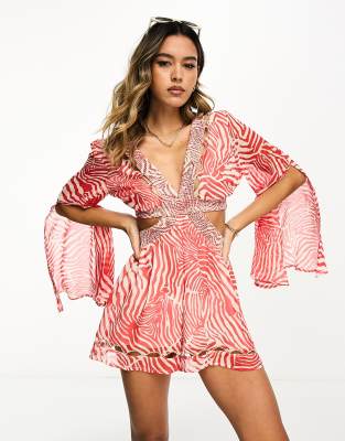 River Island plunge angel sleeve playsuit in red animal print - ASOS Price Checker