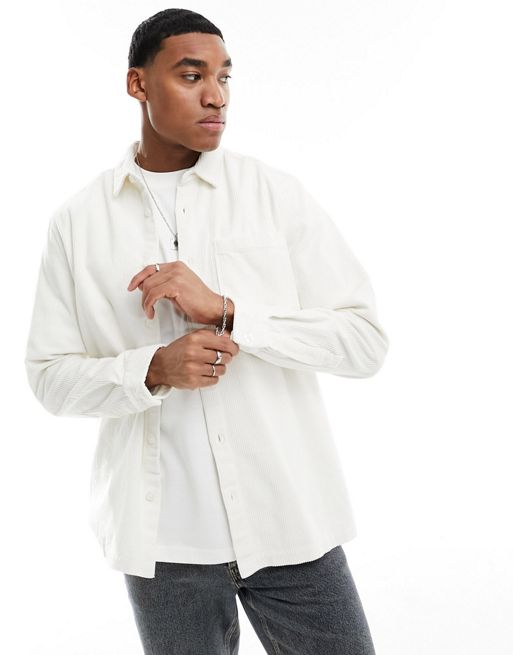 River Island concealed button cord shirt in white | ASOS