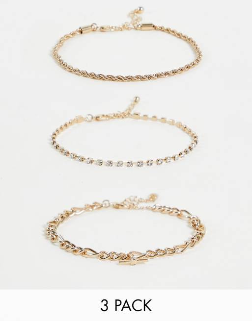 River Island - Confezione da 3 cavigliere color oro a catenina con t-bar