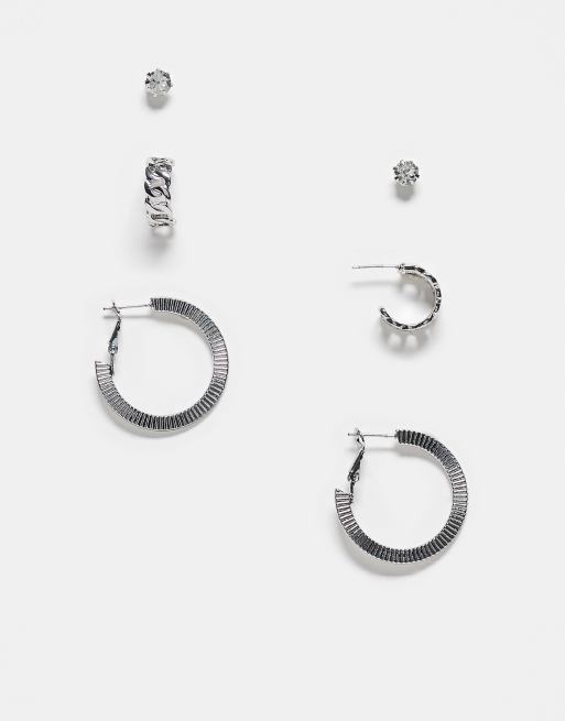 River Island - Confezione da 3 orecchini color argento a cerchio e a catenina