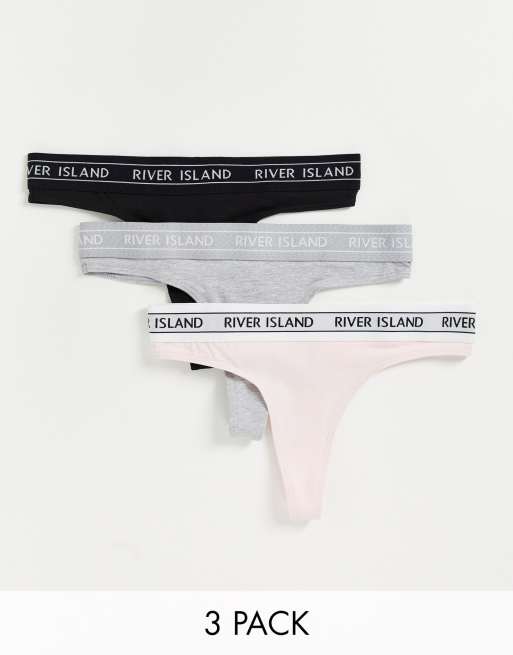 River Island - Confezione da tre paia di perizomi con fascia con logo colore grigio, rosa e nero