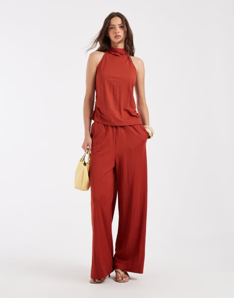 River Island - Conjunto color óxido de pantalones de corte ancho y top con cuello halter de lino - view 1