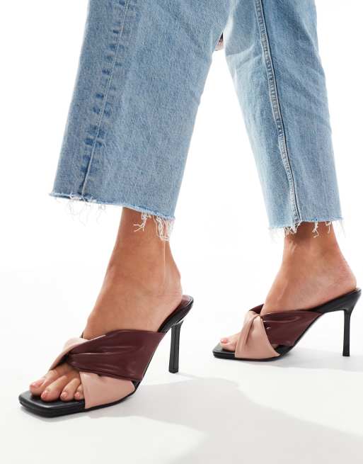 River Island contrast heeled mules in burgundy and pink