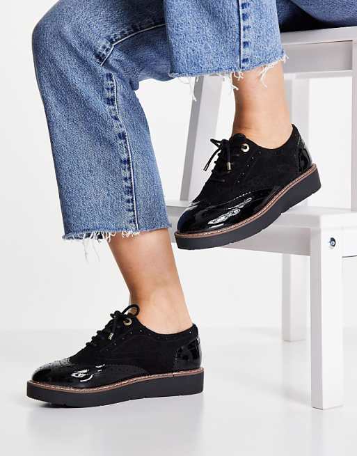 River Island contrast patent brogue shoe in black