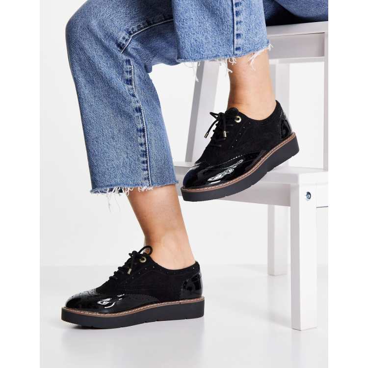 River Island contrast patent brogue shoe in black