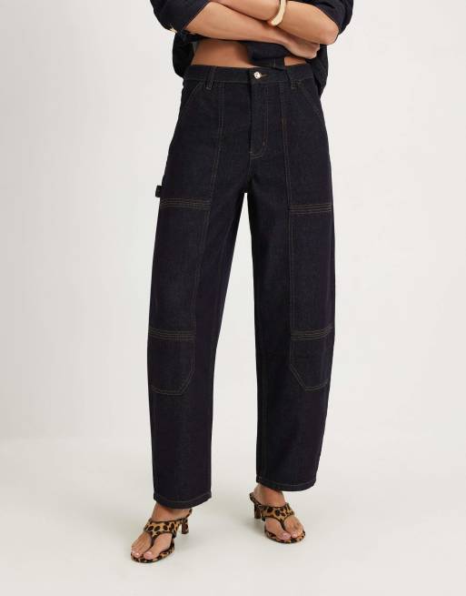 River Island Contrast stitch cargo jeans in denim - dark, 3 of 4
