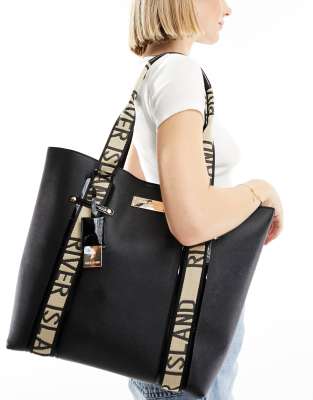 River Island contrast strap shopper in black