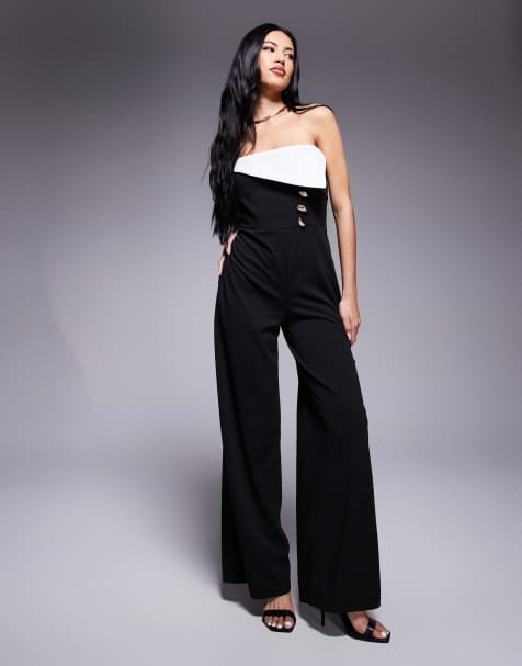 River Island contrast trim bandeau jumpsuit in black - view 1
