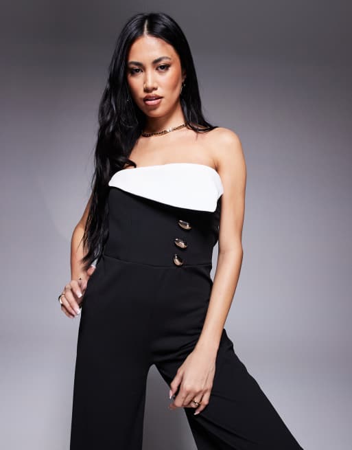 River Island contrast trim bandeau jumpsuit in black, 2 of 4