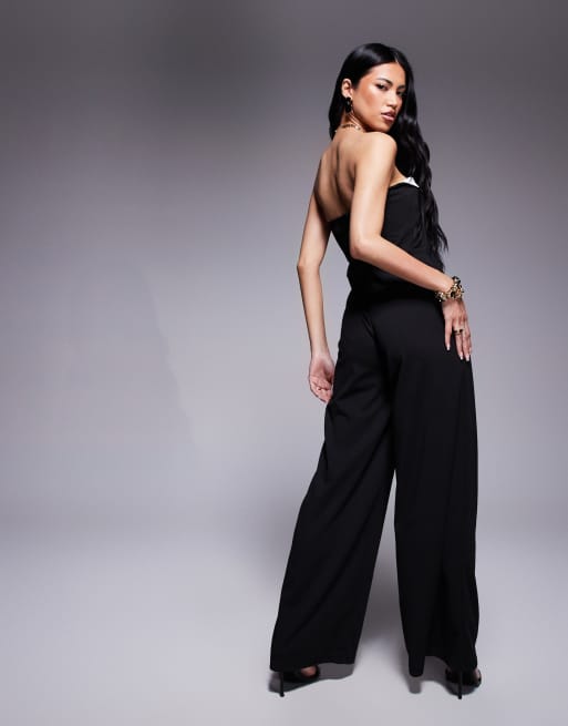 River Island contrast trim bandeau jumpsuit in black, 4 of 4