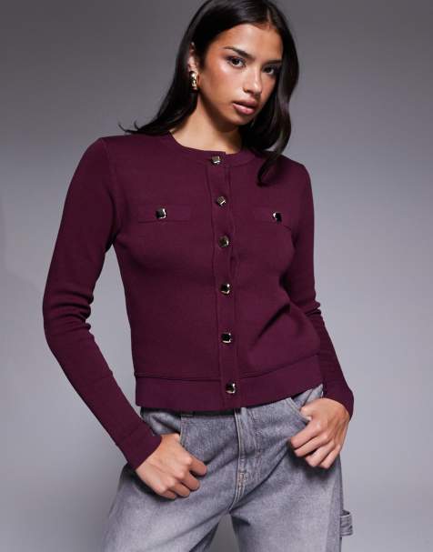 River Island contrast trim cardigan in burgundy - view 1