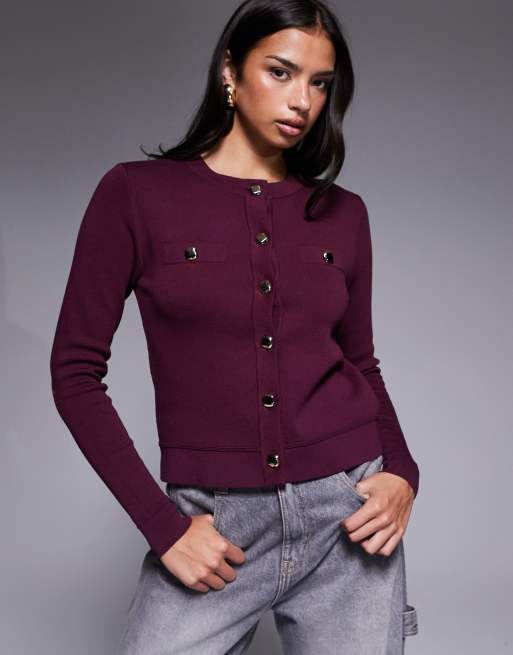 River Island contrast trim cardigan in burgundy 