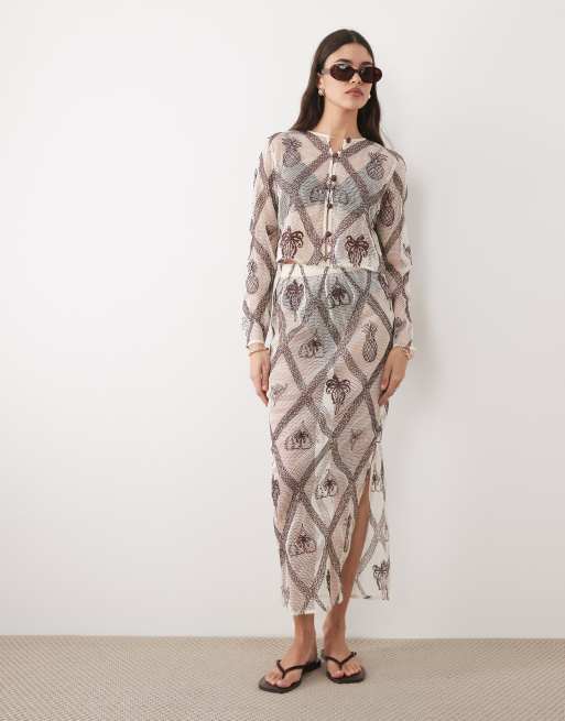 River Island - Coordinato color crema con gonna lunga e cardigan con motivo all'uncinetto