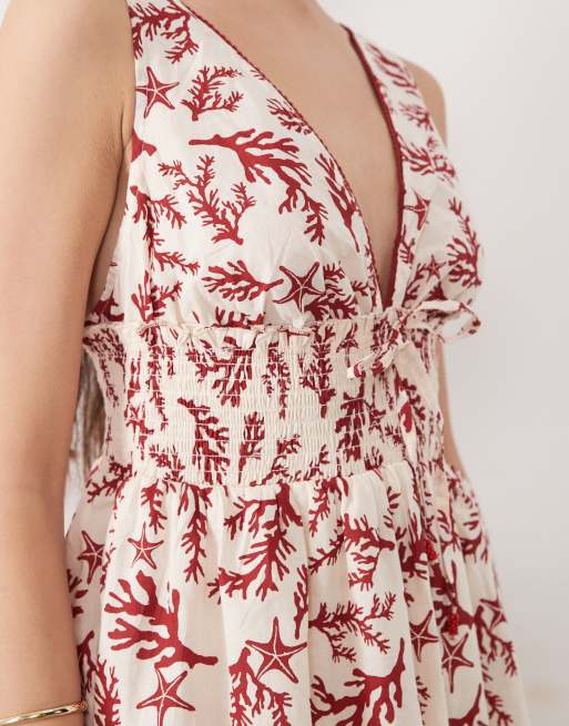 River Island coral print shirred mini ruffle dress in cream, 3 of 4
